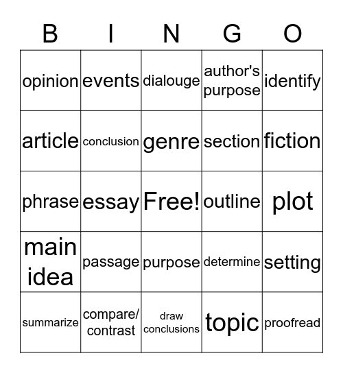 Vocabulary Bingo Card