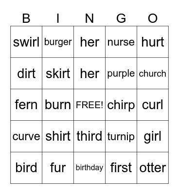 Words with er, ir, ur Bingo Card