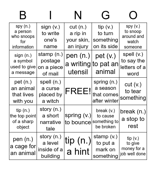 Multiple Meaning Words BINGO! Bingo Card