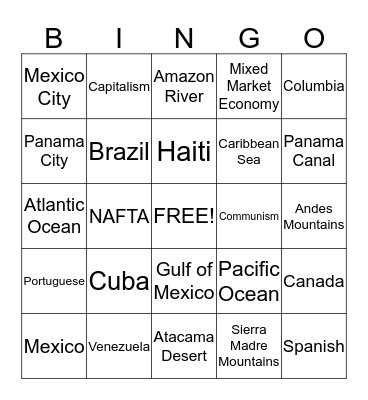 Latin America Bingo Card