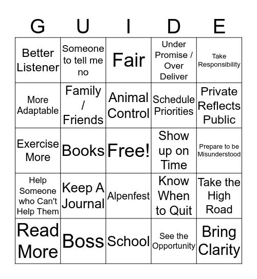 PAULA'S PERSONAL LEADERSHIP PLAN Bingo Card