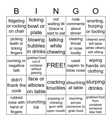 Bad Manners Bingo!!! Bingo Card