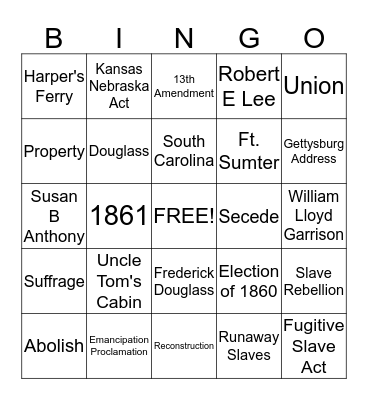 Civil War Bingo Card