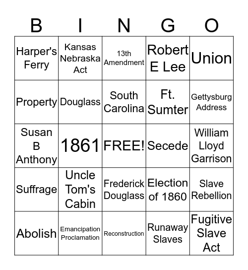 Civil War Bingo Card