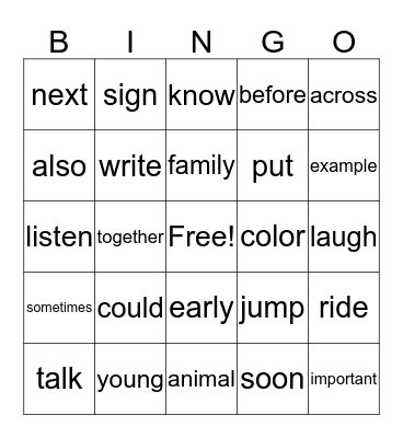 Sight Word Bingo Card