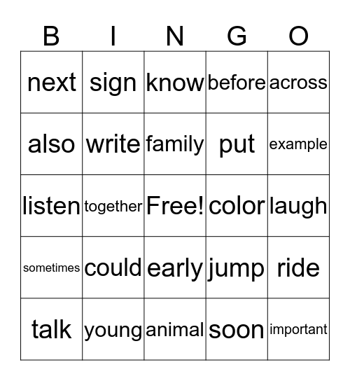 Sight Word Bingo Card