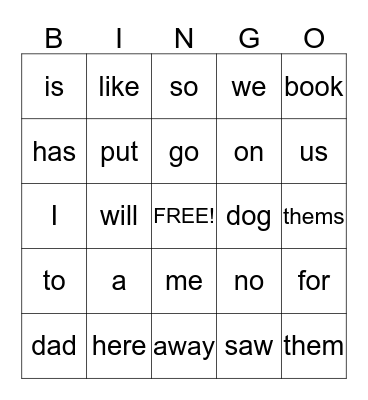 2W- Sight Words Bingo Card