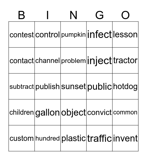 Two Syllable Words Bingo Card