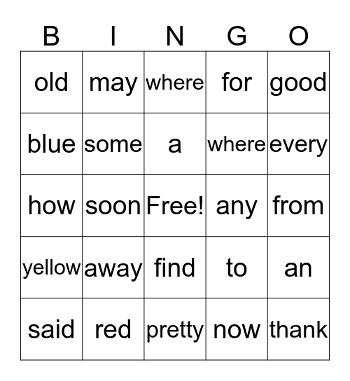 Sight Word Bingo Card