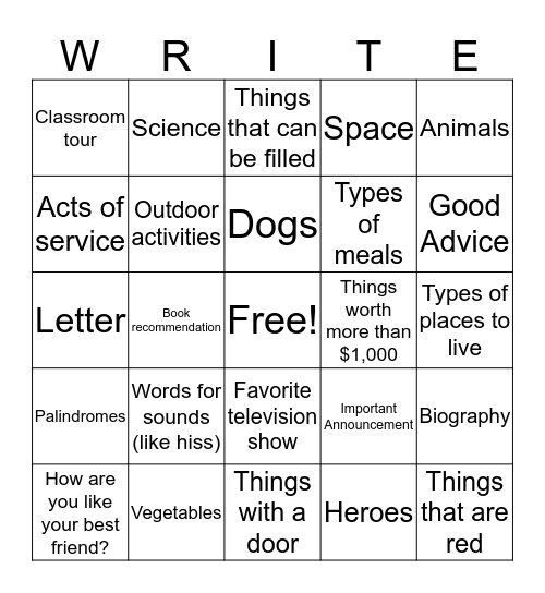Writing Challenge Bingo Card