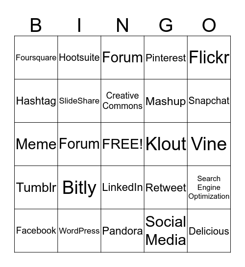 Social Media Terms Bingo Card