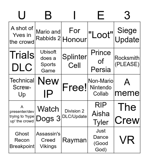 Ubisoft E3 2019 Bingo Card