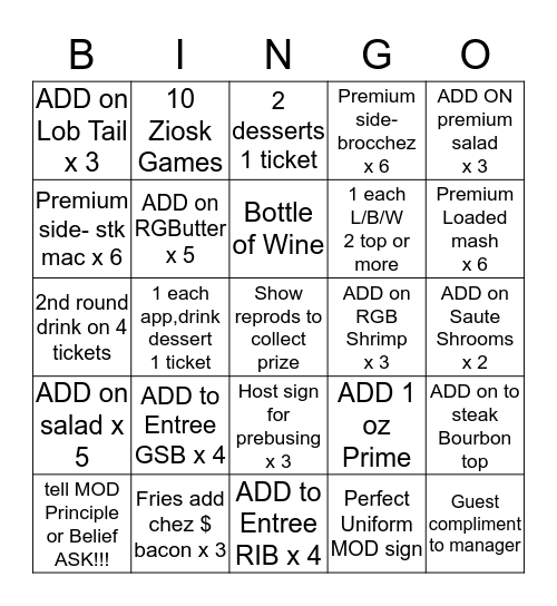 Dingo Bingo = $15 comp OR No Sidework Bingo Card
