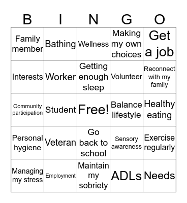 Occupational Wellness Bingo Card