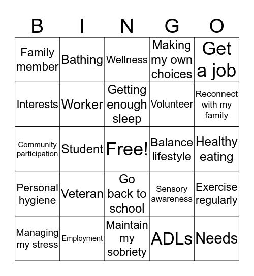 Occupational Wellness Bingo Card