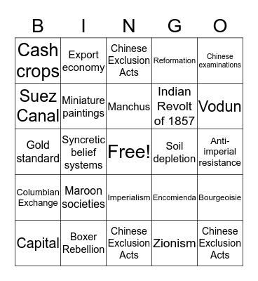 Unit 4 Bingo Card