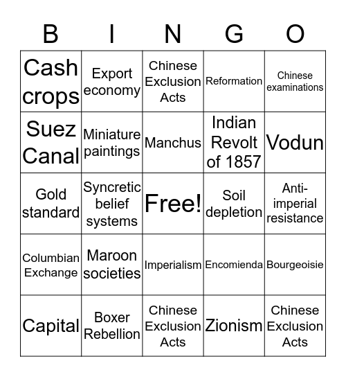 Unit 4 Bingo Card