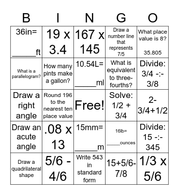 Ms. Millers 5th Grade Math Bingo Card