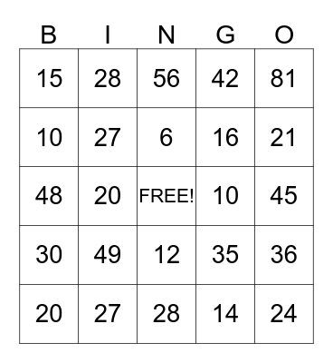 Julia's Multiplication BINGO! Bingo Card