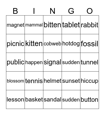 Two Beat Syllable Words Bingo Card