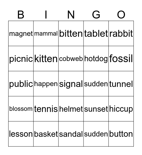 Two Beat Syllable Words Bingo Card
