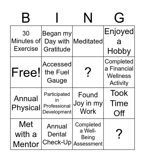 Wellness Bingo  Bingo Card