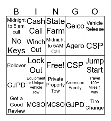Dan's Towing Bingo Card