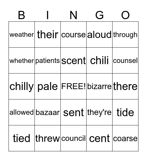 Homophones Bingo Card