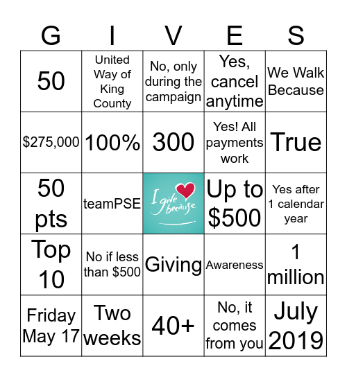 2019 Employee Giving Campaign Bingo Card