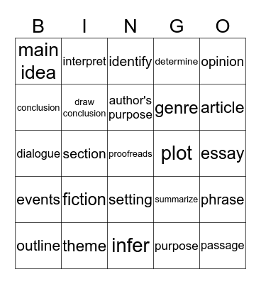 Vocabulary Definitions Bingo Card