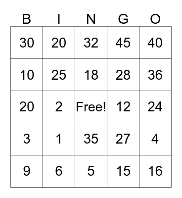 Multiplication Bingo Card