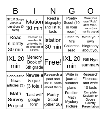 6th Grade-May 15 & 16th Work Bingo Card