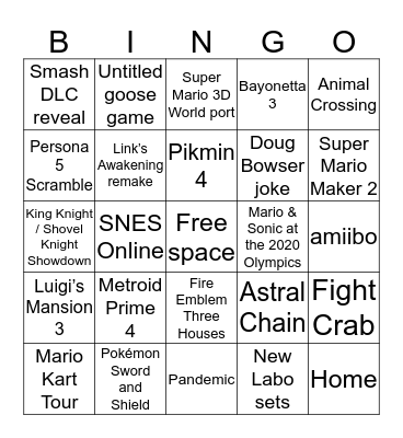 Nintendo E3 2019 Bingo Card