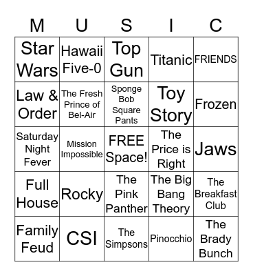 TV/Movie Theme Songs Bingo Card