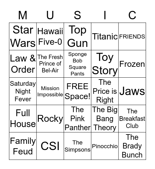TV/Movie Theme Songs Bingo Card