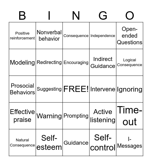 Postive Guidance Bingo Card