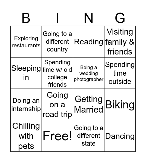 "What are you most excited for this summer?" Bingo Card