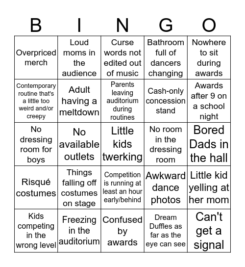 Dance Mom Bingo Card