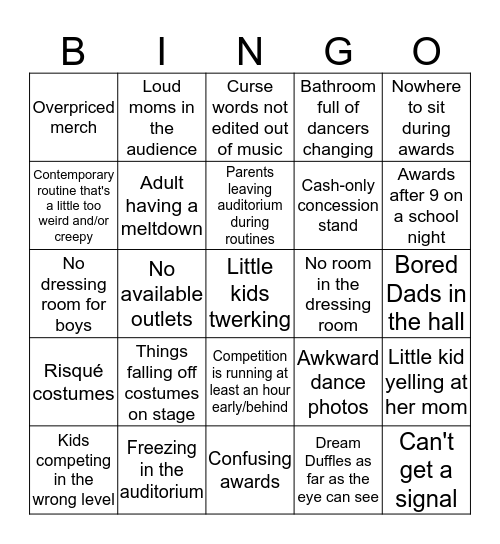 Dance Mom Bingo Card