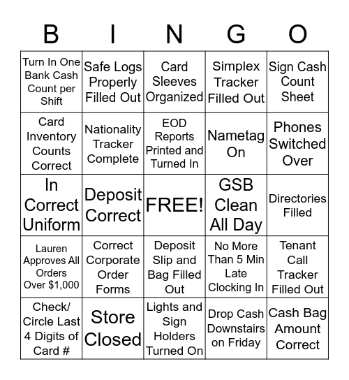 GSB Bingo Card