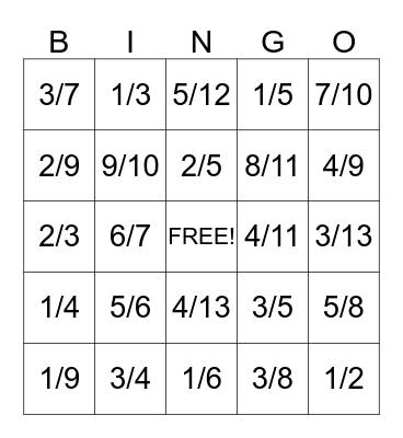 Fraction Bingo Card