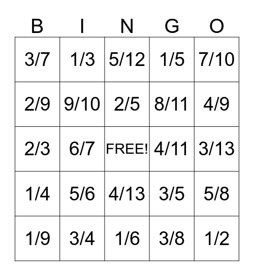 Fraction Bingo Card