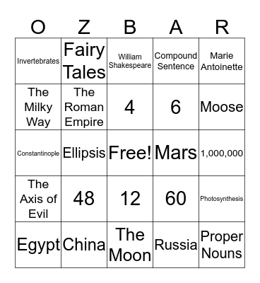 OZ Bar Trivia Bingo Card