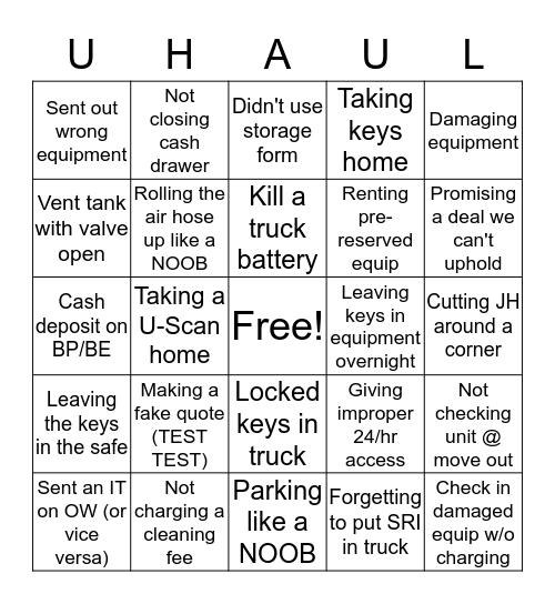 U-Haul FAIL Bingo Card
