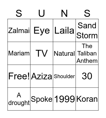 A Thousand Splendid Suns Bingo Card