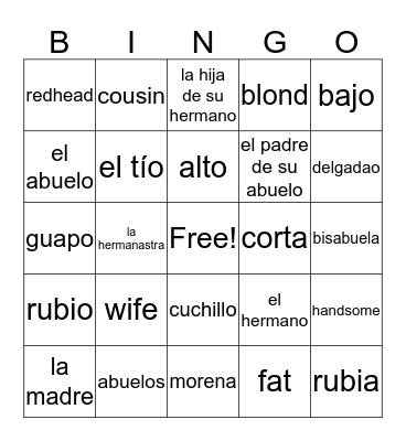 Physical description/ family/restaurant Bingo Card