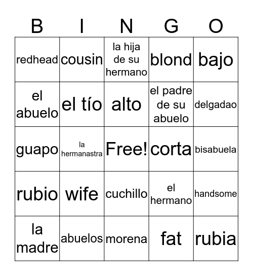 Physical description/ family/restaurant Bingo Card