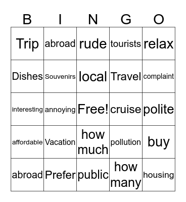 Vacation  Bingo Card
