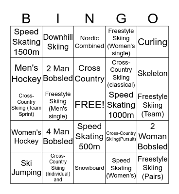 Winter Olympic Bingo 2014 Bingo Card