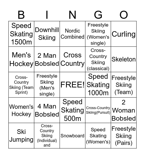 Winter Olympic Bingo 2014 Bingo Card